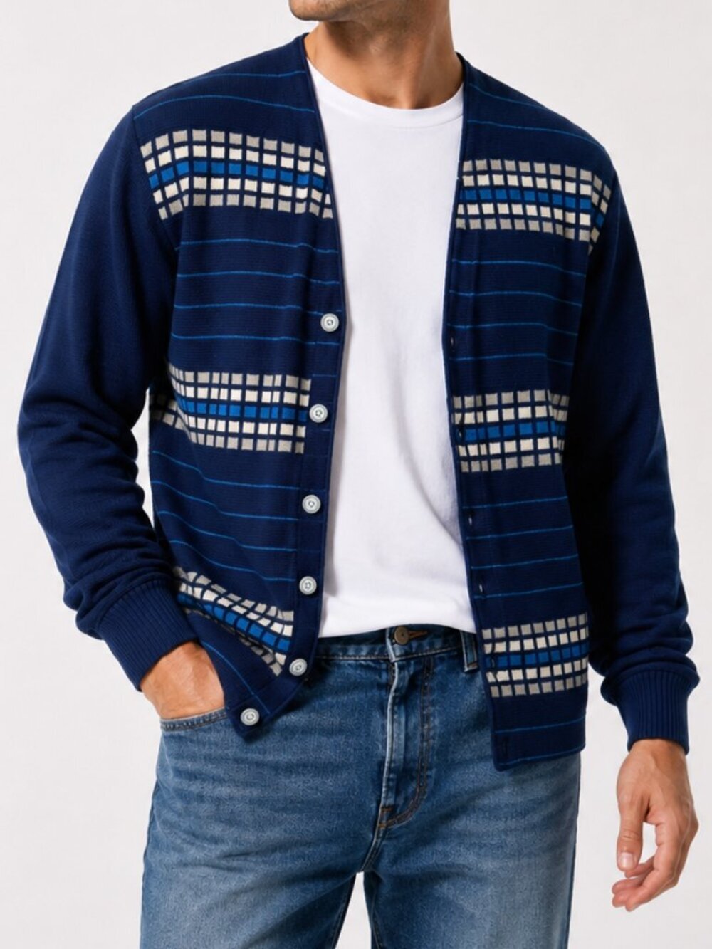 Blue Striped Cardigan Sweater Indie Grunge Grandpa M/L VINTAGE 70s